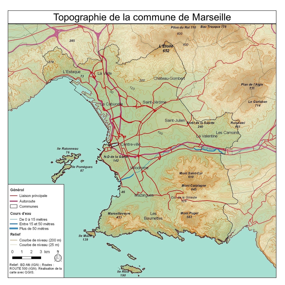 mapa topográfico de Marselha